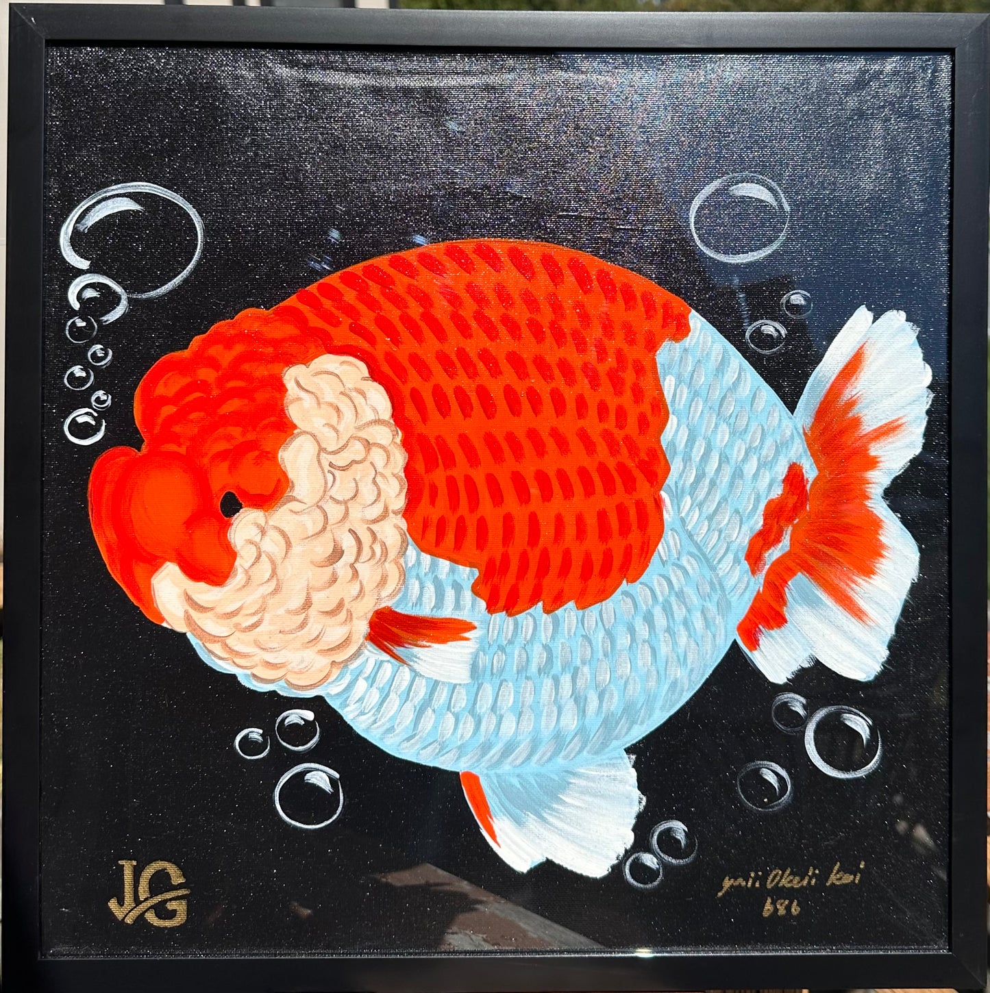 [LIVRAISON GRATUITE] Peinture de poisson rouge Lionchu rouge et blanc fabriquée à la main – Œuvre unique de la collection Jimmy